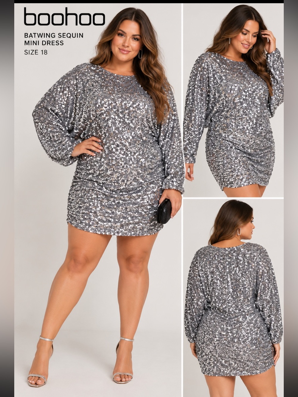 Silver Sequin Batwing Mini Dress - Plus SZ 18 NWOT